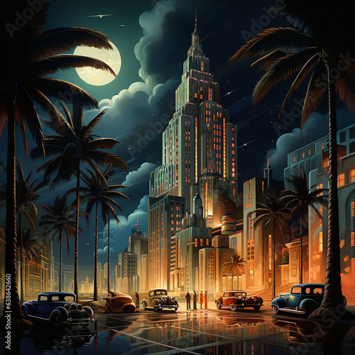 An imposing background with an enormous skycraper surrounded by skycrapers in the city in front of a reflective geometrical steet with vintage cars, retro-1920's architecture style, art-deco.