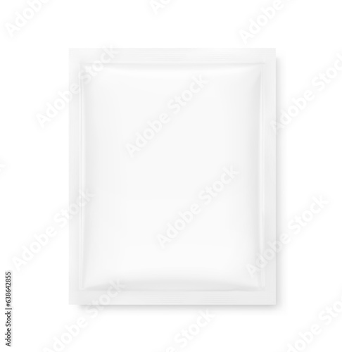 Hyper realistic sachet mockup with drop shadow. Vector illustration isolated on white background. Flat lay view. Packaging for cosmetic, food, pet. Ready for your design. EPS10.