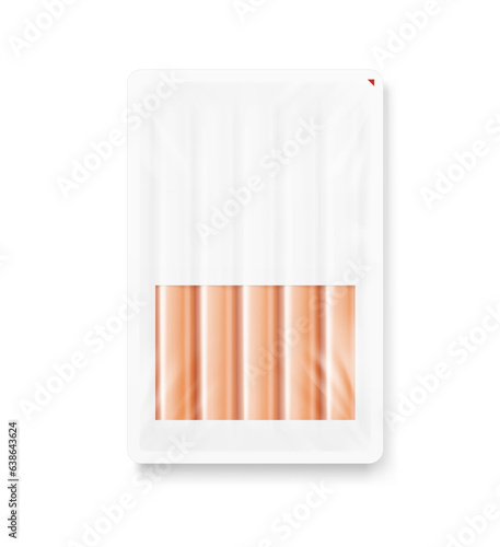 A realistic of a sausage tray container mockup with transparent top film. Vector illustration isolated on white background. Template ready to use for your design. EPS10.