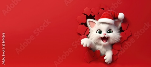 Cute Cartoon Cat with a Santa's Hat on a Red Background with Space for Copy © JJAVA
