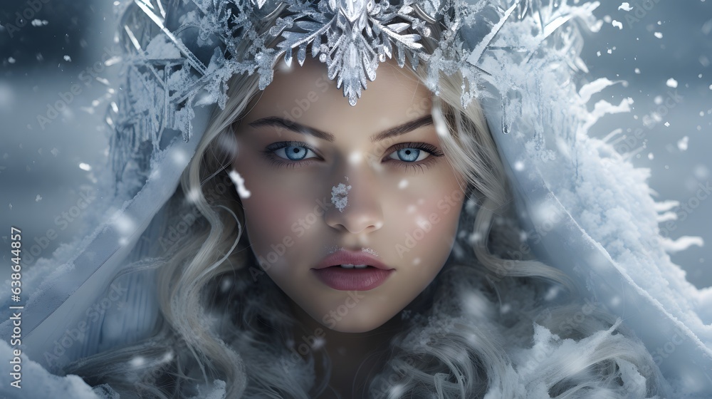 Winter beauty portrait of beautiful girl with blue eyes. Snow queen.