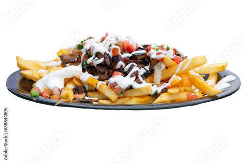 An isolated plate of carne asada fries against a white background - side angle