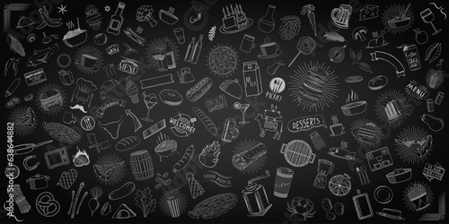 Set of restaurant doodles - food and drinks - on chalkboard background - vector illustration