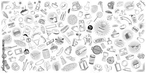Set of restaurant doodles - food and drinks - on white background - vector illustration