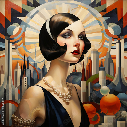 Vintage portrait of a women with short black hair, jewellery and elegant characteristics during 1920's in front of a colourful background with buildings and spheres.