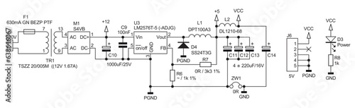 Schematic diagram of electronic device.
Vector drawing electrical circuit with capacitor, led, diode,
integrated circuit, transformer
and electronic components.