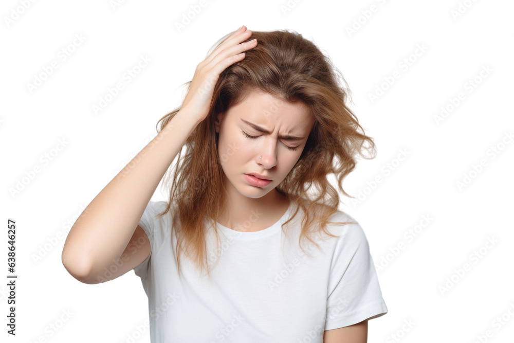 young woman has headache isolated on transparent/ white background young woman has headache isolated on transparent/ white background