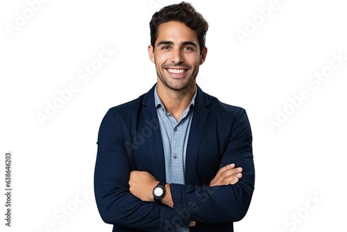 Portrait of handsome smiling young man with folded arms isolated transparent/white background