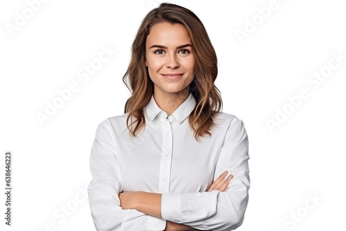 Portrait of handsome smiling young woman with folded arms isolated transparent/white background