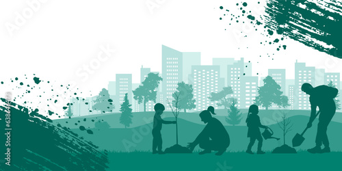 Green city. Planting trees by people in park. Landscaping of town. Banner design. Vector illustration