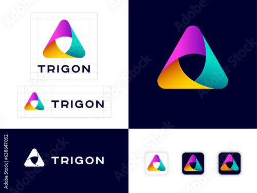 Trigon logo. Three color ribbons, intertwined elements, infinite, looping, rotation icon. Identity.  Web buttons.