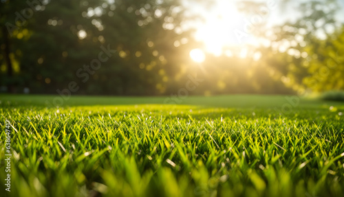 Green lawn with fresh grass outdoors. Nature spring grass background texture, размытый задний план with copy space. Landscaping of a parking area.