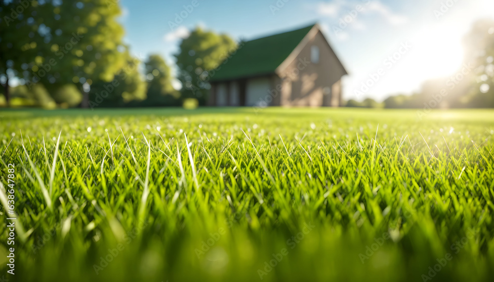 Green lawn with fresh grass outdoors. Nature spring grass background texture, размытый задний план with copy space. Landscaping of a parking area.