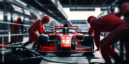 red racing car at a pit stop 