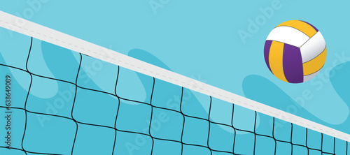 Volleyball court and net visible from the hill angle, volleyball ball standing on the line