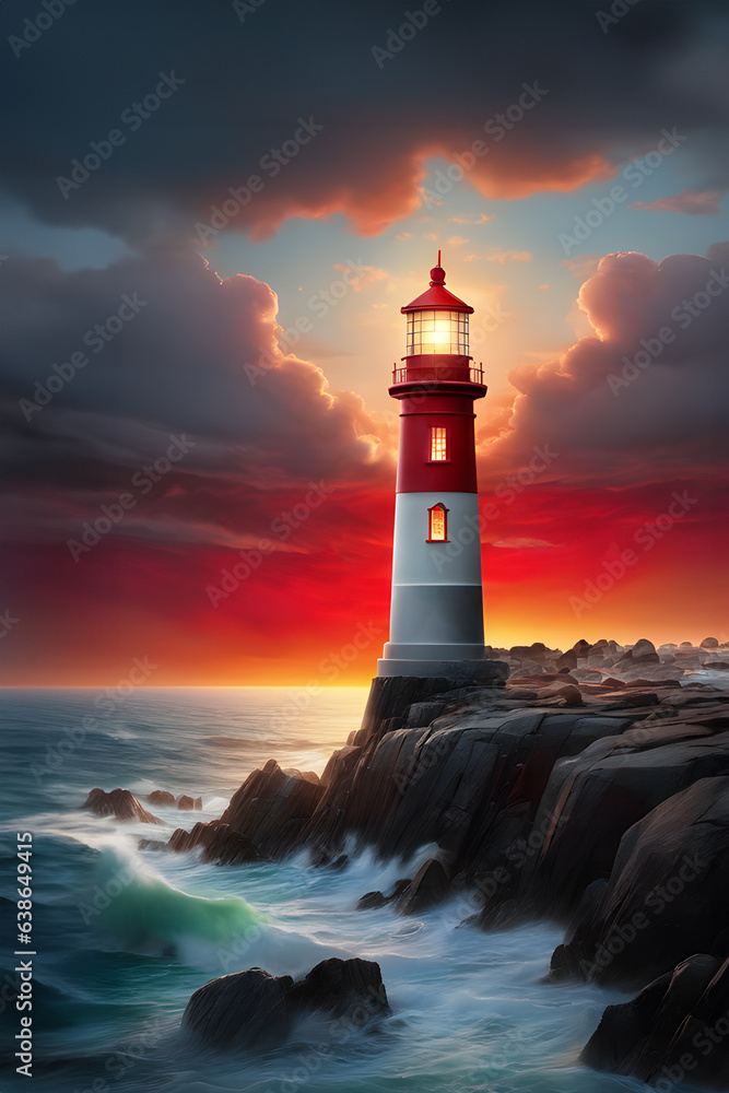 a burning lighthouse on a rock in the sea against the backdrop of a picturesque sunset