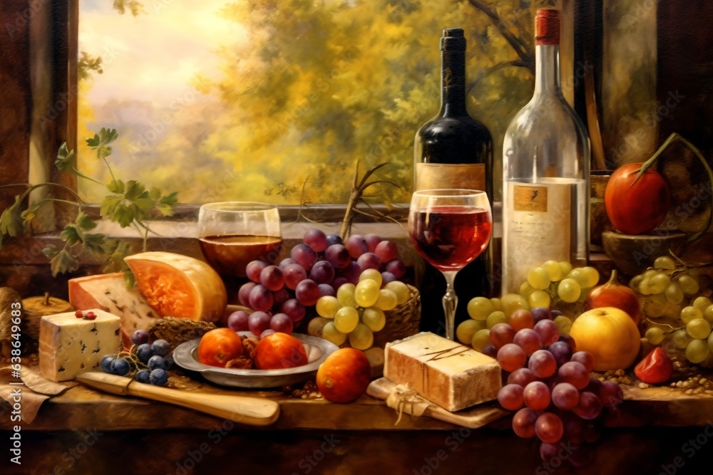 Wine glass with grapes and cheese, generative ai. Wine glass with grapes and cheese, generative ai.