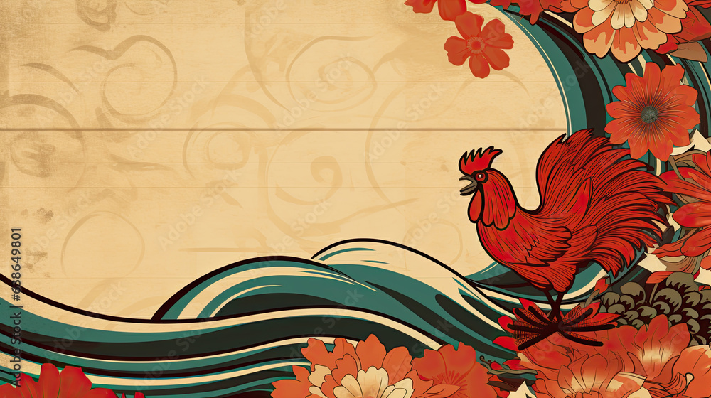 Fototapeta premium Postcard with copy space. Rooster with brown plumage