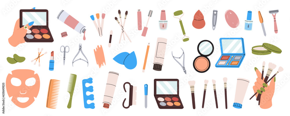 Makeup tools. Makeup and beauty tools. Manicure and pedicure tools, cosmetic cream, brushes, nail polish, sponge, hair comb, massage roller. Makeup tools. Makeup and beauty tools. Manicure and pedicure tools, cosmetic cream, brushes, nail polish, sponge, hair comb, massage roller.