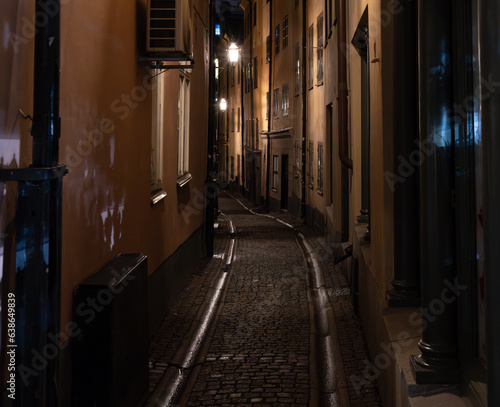 Canvas Print Narrow cobblestone streets of Stockholm on a quiet night