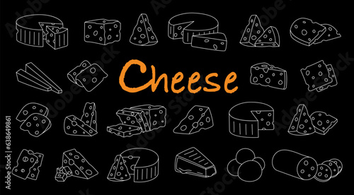 Cheese sketch set. Pieces of cheese with internal holes. Cheddar, camembert, brick, mozzarella, maasdam, brie, roquefort, gouda, feta and parmesan.