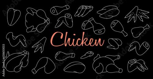 Meat cuts of chicken. Butcher shop. Chicken farming products. Whole chicken, brisket wing, carcass, fillet, ham, leg, breast, shank, drumstick.