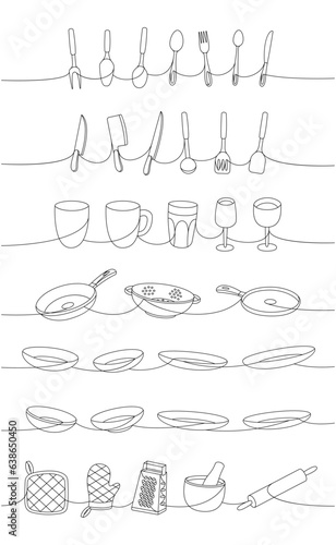 Kitchen utensils one line continuous drawing. Kitchen cooking tools and appliances, kitchenware, utensil continuous one line illustration.