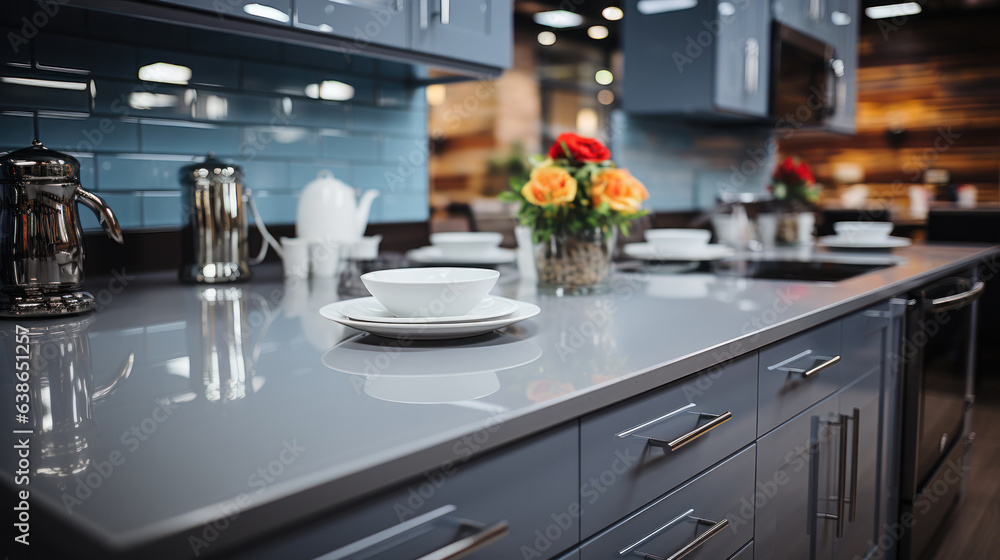 Glance Kitchen in modern style with light worktop with kitchen utensils.