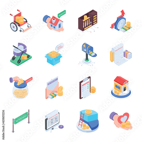 Pack of Benefit Polices Isometric Icons 
