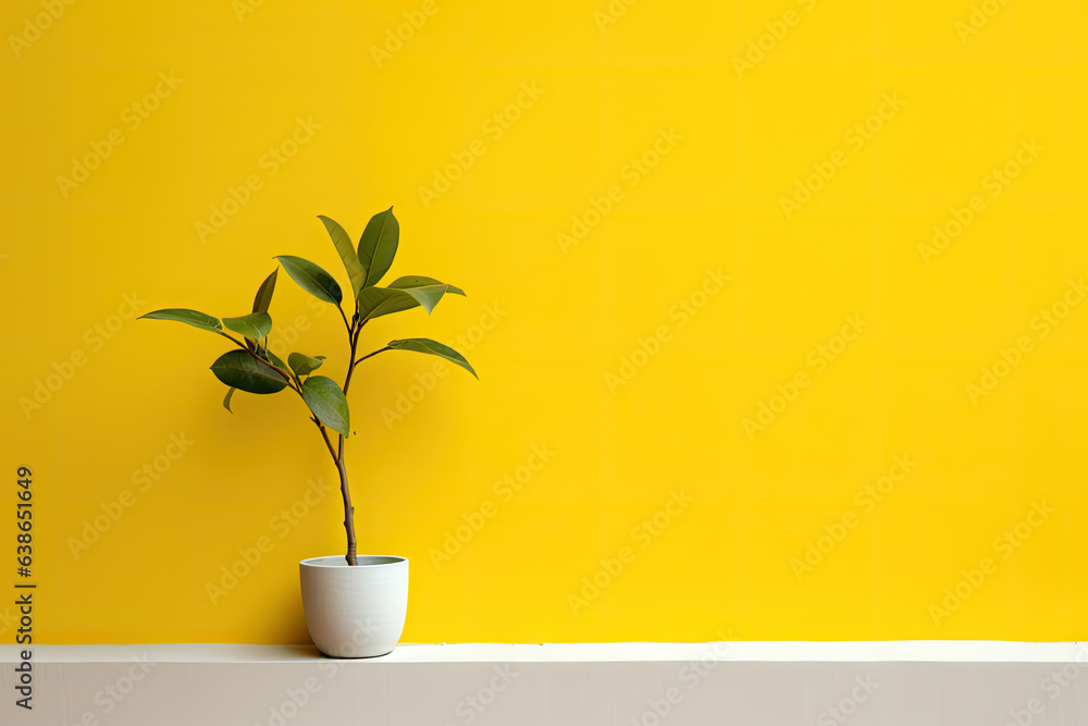 Minimalist plant background Bright green branch is lying on a yellow background Flat lay Modern minimalistic mockup with empty space Minimalist plant background Bright green branch is lying on a yellow background Flat lay Modern minimalistic mockup with empty space