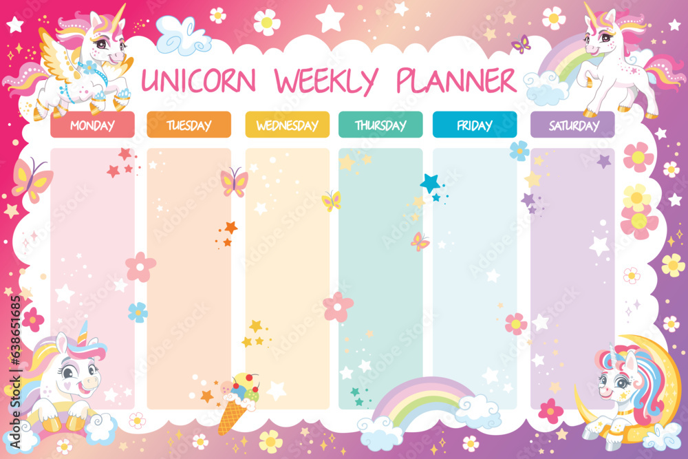 Printable cute unicorn rainbow weekly planner vector 4 Printable cute unicorn rainbow weekly planner vector 4