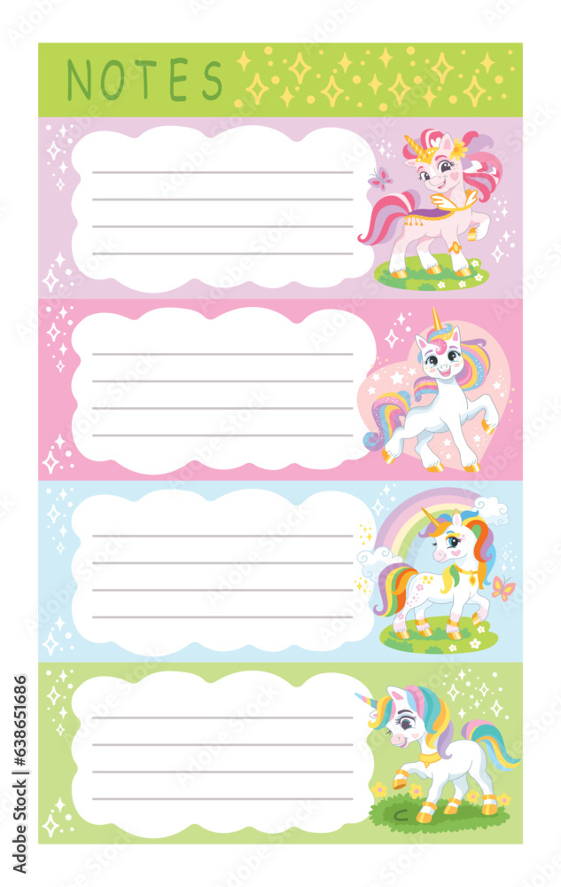 Printable cute unicorns note pages set vector 2 Printable cute unicorns note pages set vector 2