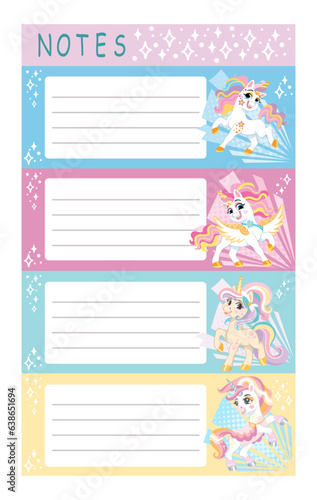 Printable cute unicorns note pages set vector 3