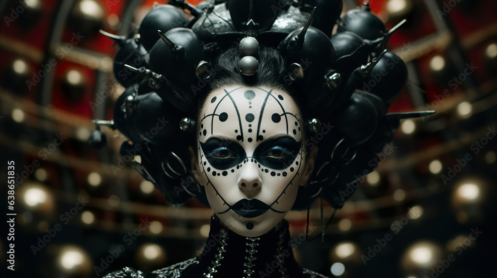 Circus character uniting darkness and performance. Circus person in