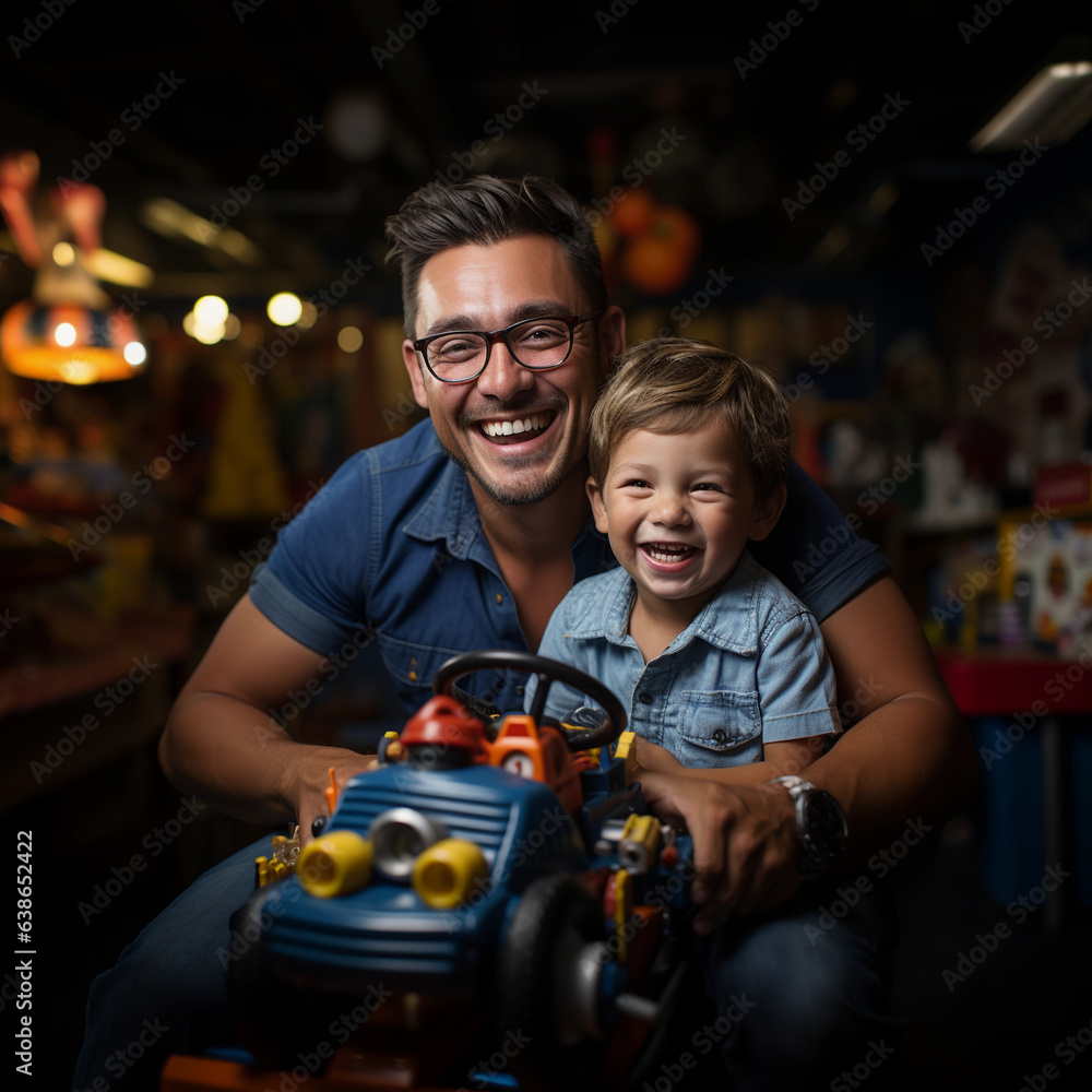 Pai e filho se divertindo com brinquedo de carro Pai e filho se divertindo com brinquedo de carro