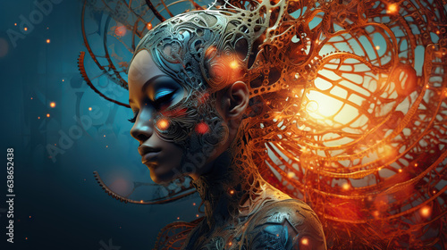 The young humanoid female head is connected to a super computer, symbolizing artificial intelligence. Futuristic illustration of the relationship between humans and neural networks. Copy space #638652438