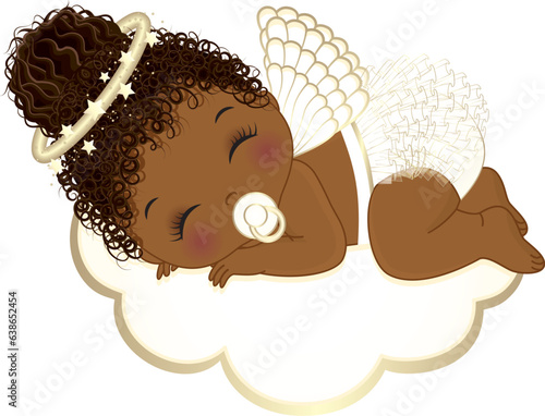 Vector Cute Angel Girl in White Ruffle Diaper Sleeping on the Cloud