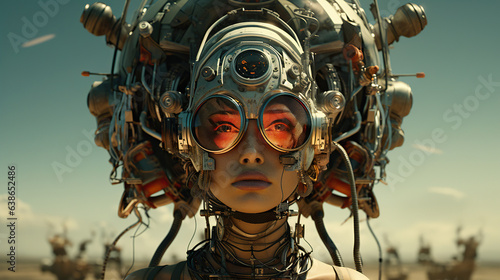 The young humanoid female head is connected to a super computer, symbolizing artificial intelligence. Futuristic illustration of the relationship between humans and neural networks. Copy space