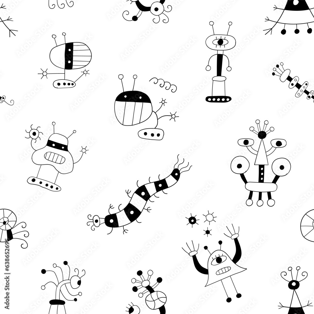 funny microbes monsters seamless vector pattern , hand drawn background for kids
