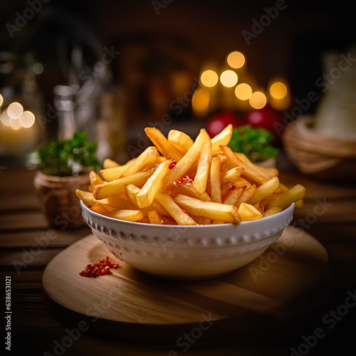 Bowl of Delicious French Fries with Ketchup, Chips with Tomato Sauce, Close-Up