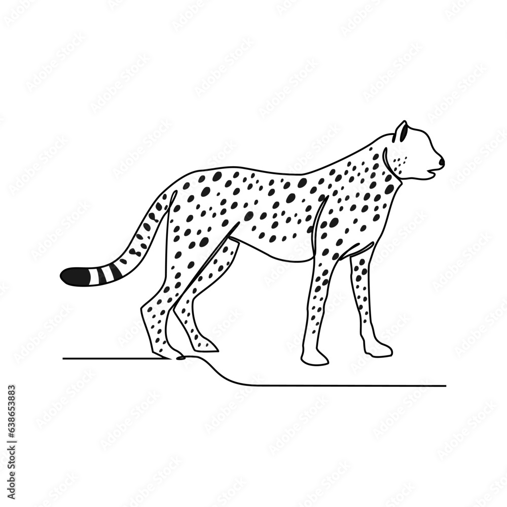 One continuous line drawing of Cheetah is animal that lives in its natural habitat and is not domesticated by humans with white background.Wild animal design in simple linear style.Wild animal design. One continuous line drawing of Cheetah is animal that lives in its natural habitat and is not domesticated by humans with white background.Wild animal design in simple linear style.Wild animal design.