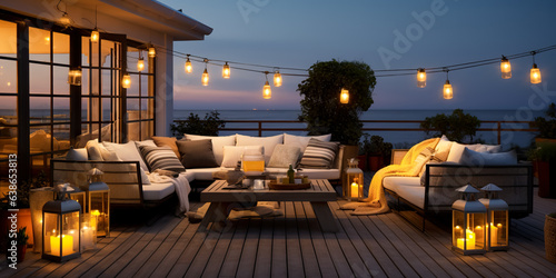 Terrace of modern cottage with night view of the ocean. View of the cozy outdoor patio with outdoor lighting and lanterns. digital ai