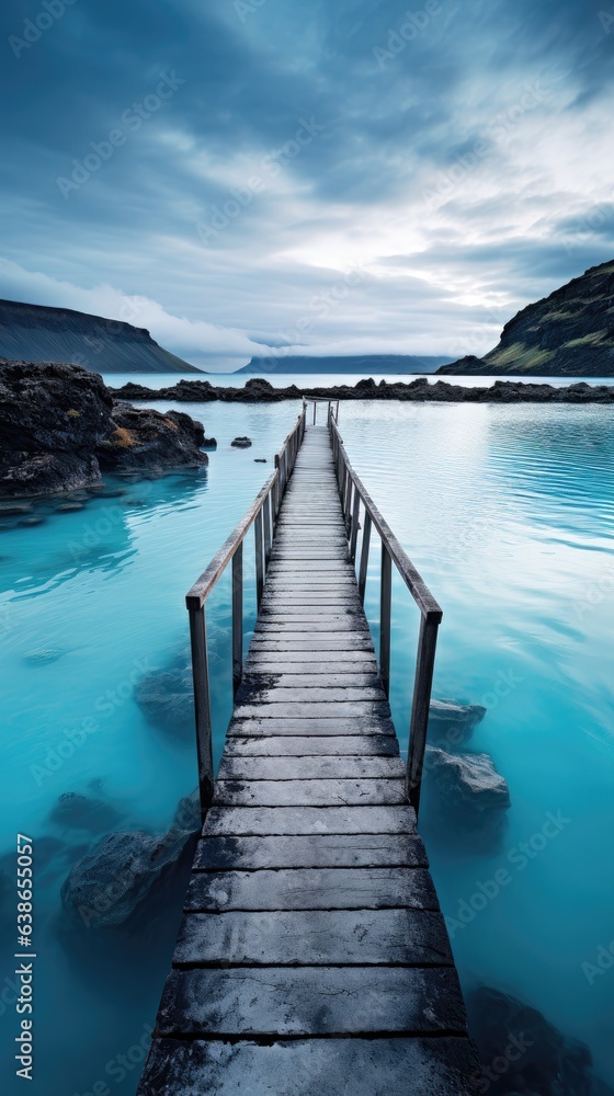 wooden pier on a blue crystal clear nordic lake