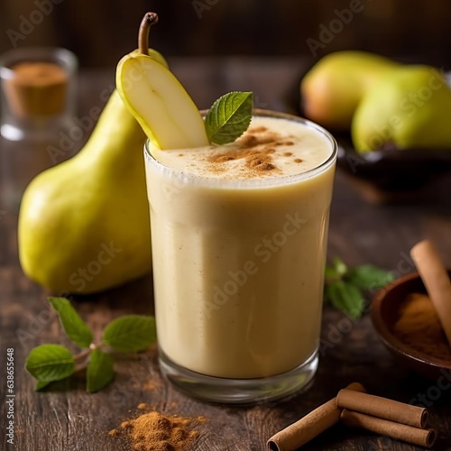 Pear Smoothie in a Simple Glass Cup with Cinnamon 