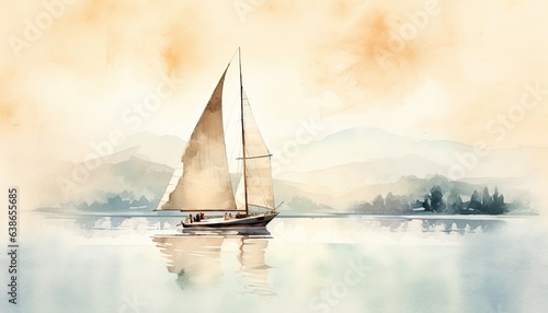 Watercolor sailboat sailing near the beautiful island.
