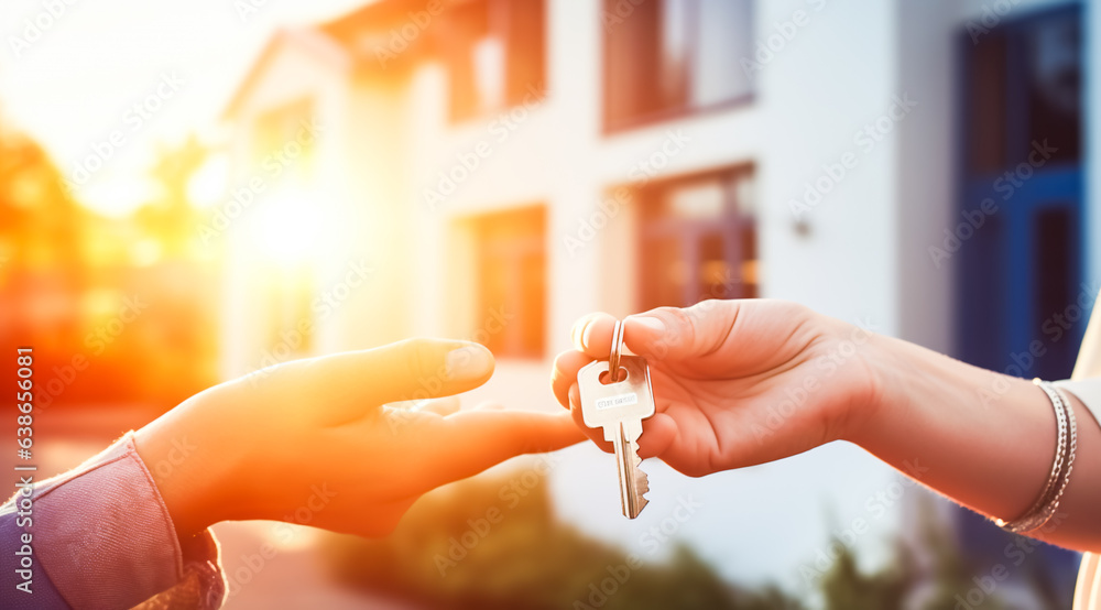 Real estate agent giving keys to woman. Woman receives keys from real estate agent. digital ai