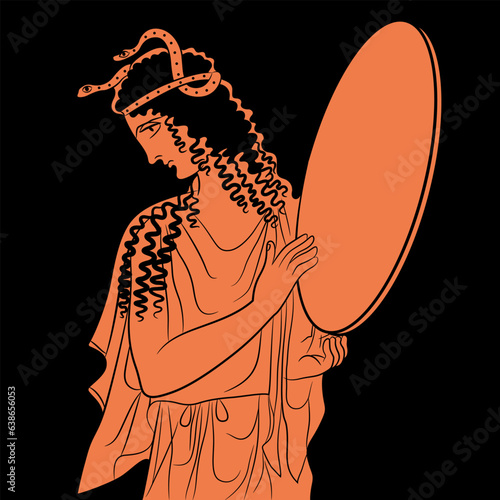 Ancient Greek woman holding tambourine or mirror with snakes in her hair. Vase painting style. Black and red silhouette.