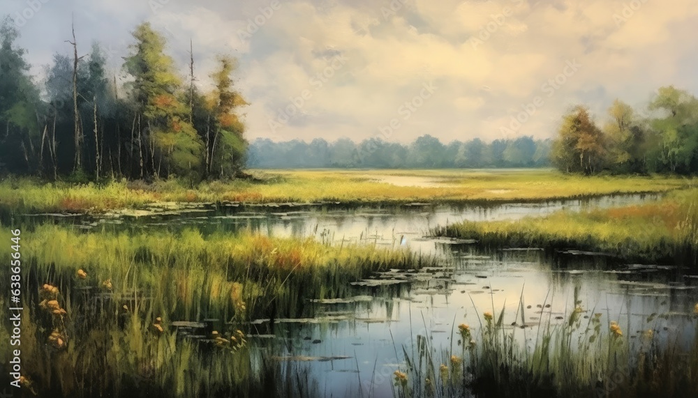 The wetland scenery in the style of oil painting and the strokes on the picture.
