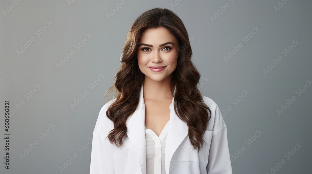 Beautiful female doctor stands on a gray background, smiling at the camera. Beautiful female doctor stands on a gray background, smiling at the camera.