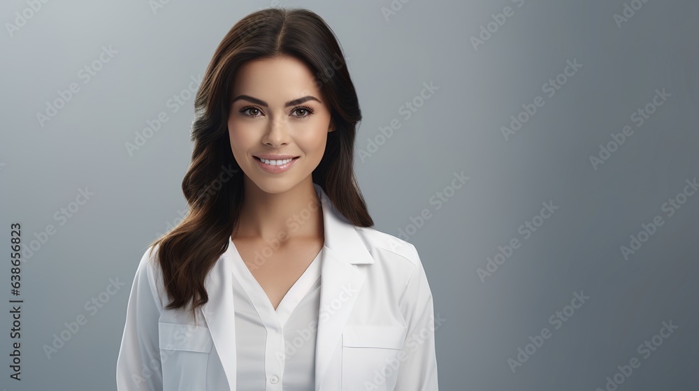 Beautiful dentist smiling at camera while standing on gray background Beautiful dentist smiling at camera while standing on gray background